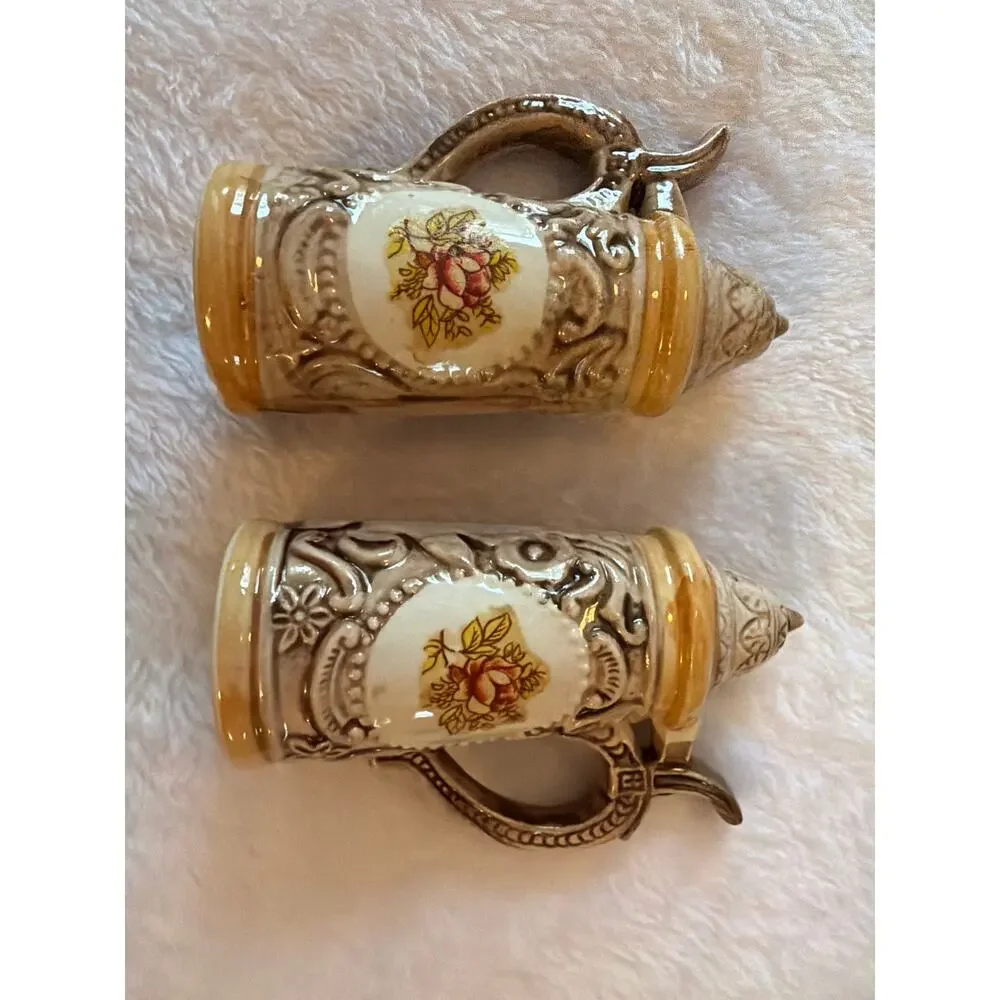 Vintage Mini Ceramic Beer Stein Salt & Pepper Shakers Floral Relief Japan Set 2